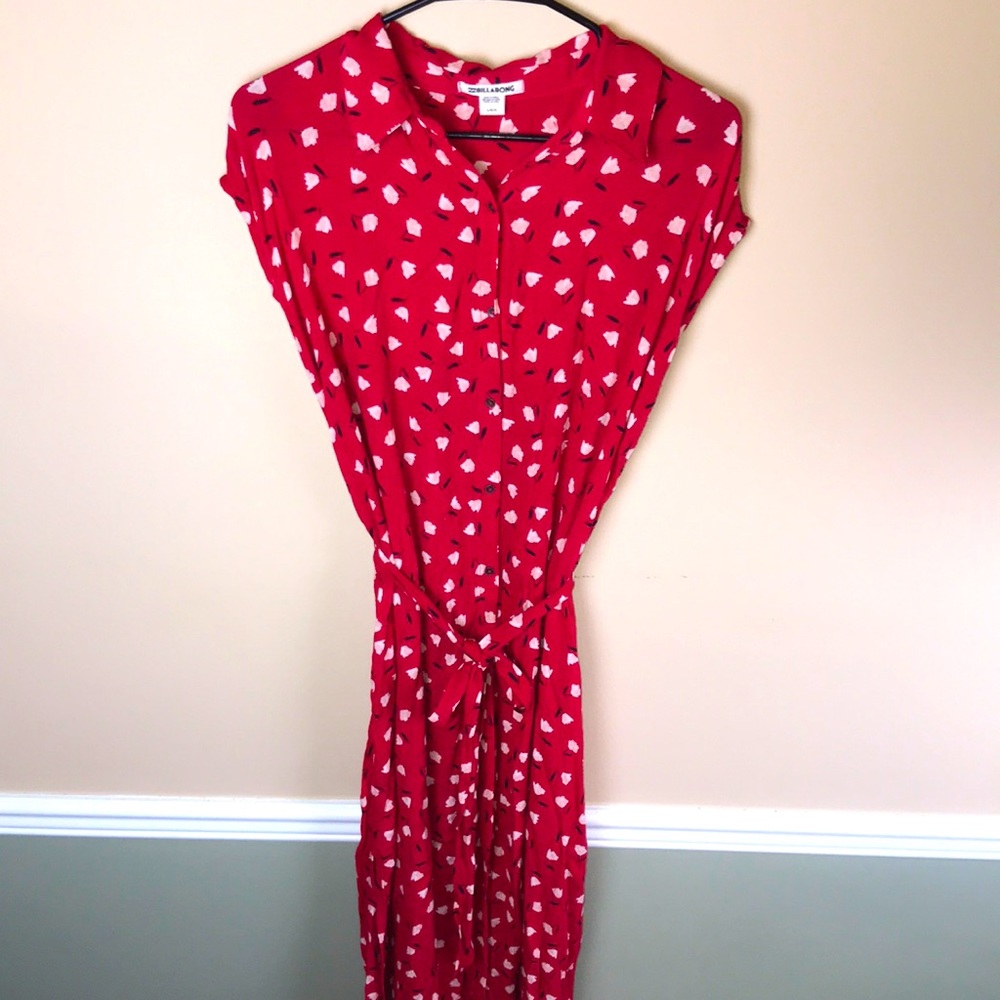 Billabong Women’s Floral Sleeveless Shirt Belt Tie Button-Up Maxi Dress